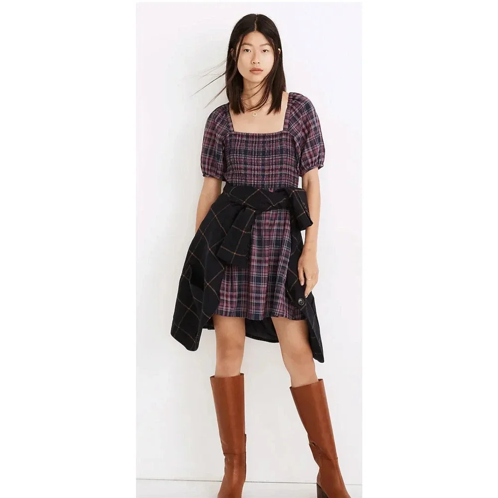 Madewell Lucie Puff-Sleeve Smocked Mini Dress in Rockfern Plaid Sz S